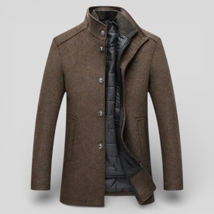 Herren Mantel mit Stehkragen - Langer Mantel - Knopfleiste Vorne