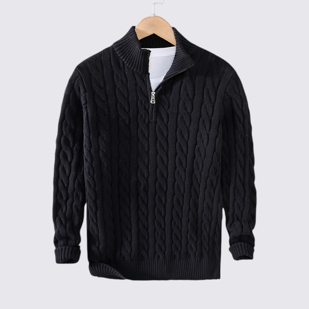 Herren Pullover mit Reißverschluss - Zopfstrick Pullover - Stehkragen