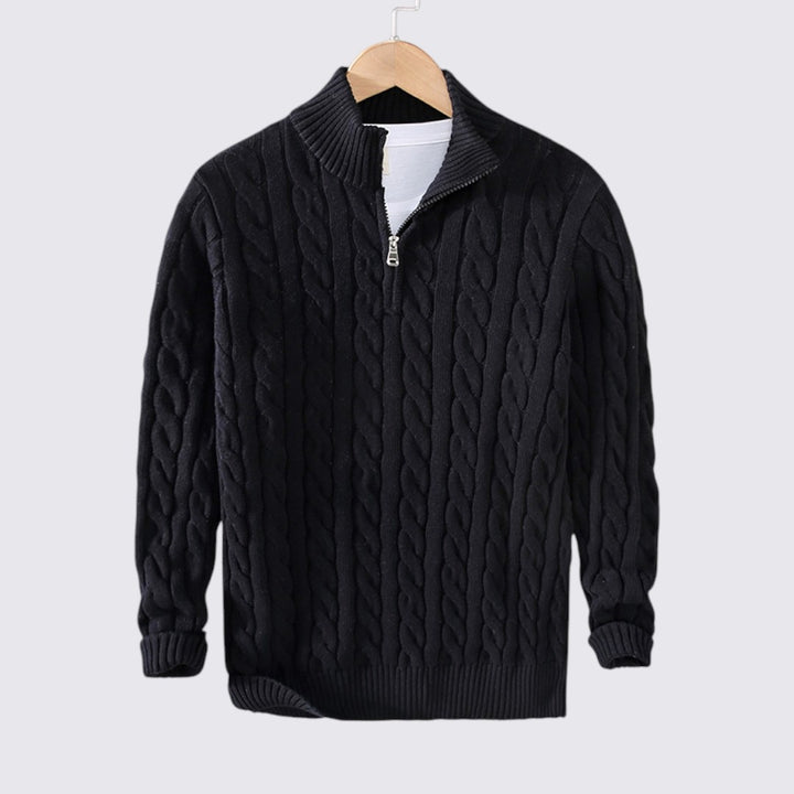 Herren Pullover mit Reißverschluss - Zopfstrick Pullover - Stehkragen
