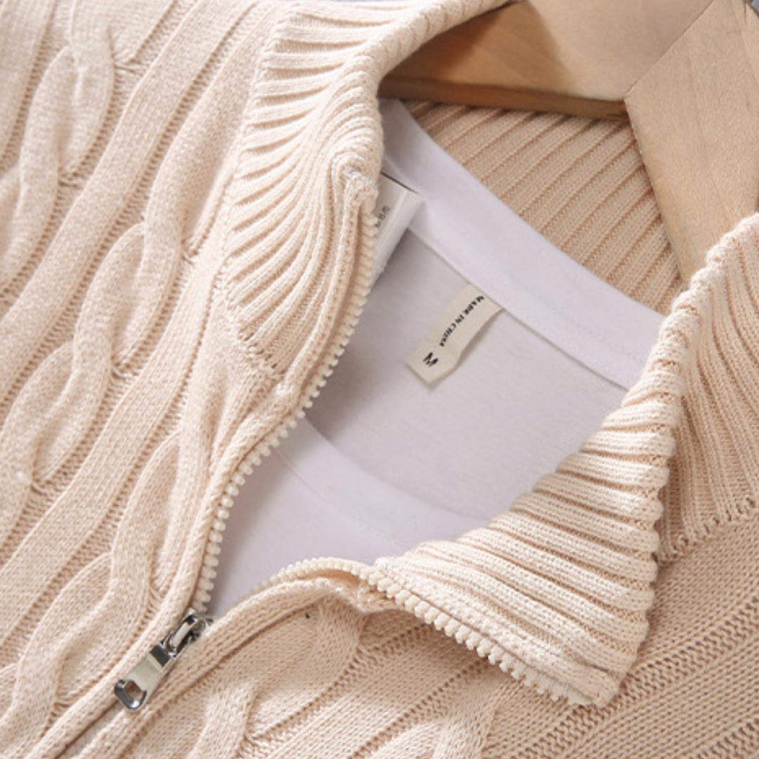 Herren Pullover mit Reißverschluss - Zopfstrick Pullover - Stehkragen