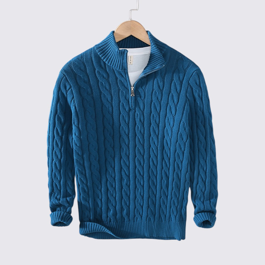 Herren Pullover mit Reißverschluss - Zopfstrick Pullover - Stehkragen