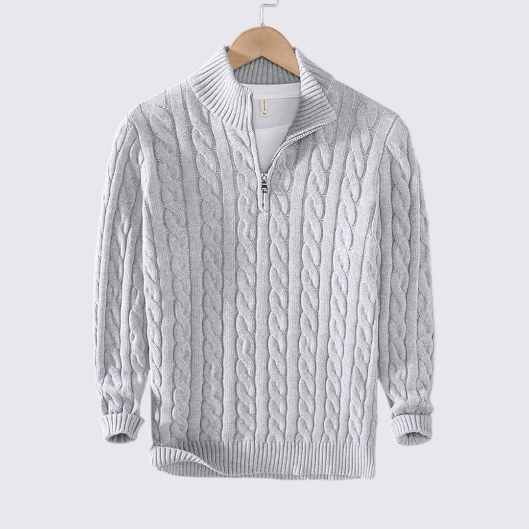 Herren Pullover mit Reißverschluss - Zopfstrick Pullover - Stehkragen