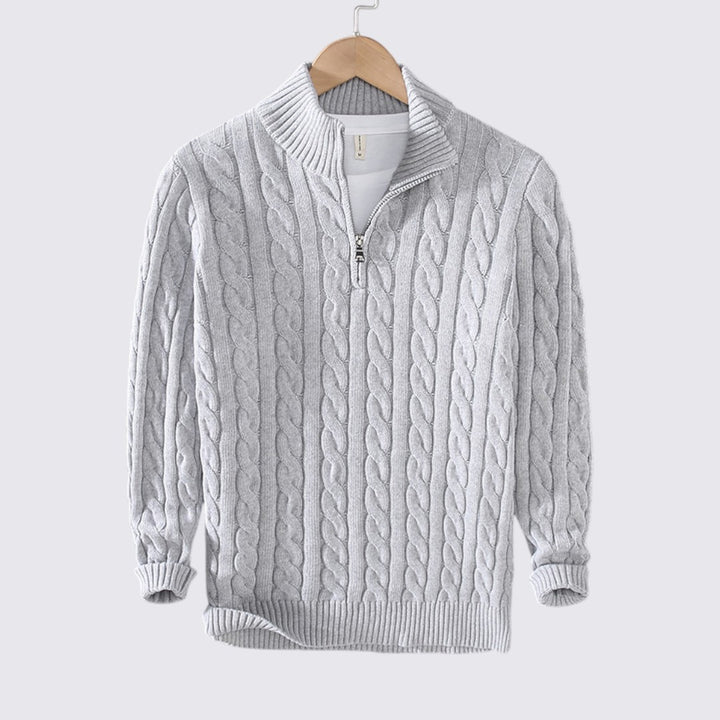 Herren Pullover mit Reißverschluss - Zopfstrick Pullover - Stehkragen