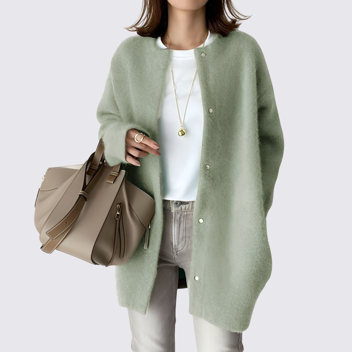 Lange Strickjacke mit Druckknöpfen für Damen