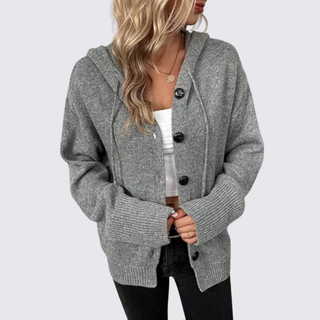 Lockere Strickjacke mit Kapuze und Knopfleiste für Damen